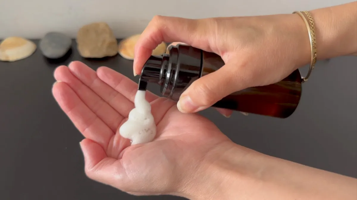 Foam dispensed onto hand
