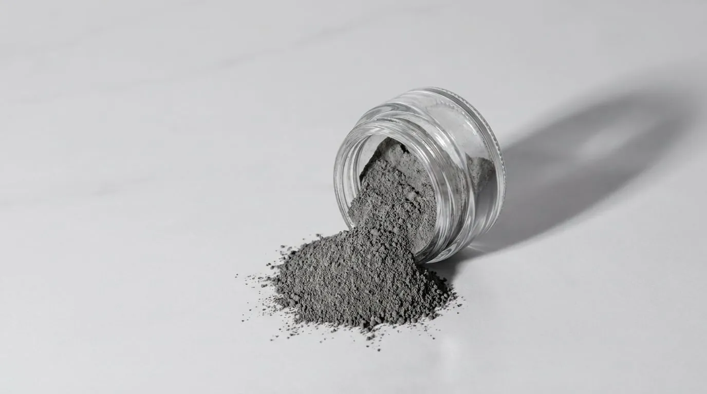 A plain unlabelled glass cosmetic jar tipped on its side on a light grey marble surface, with a small cone-shaped mound of grey-black activated charcoal powder spilling out in front and a long soft shadow stretching diagonally.