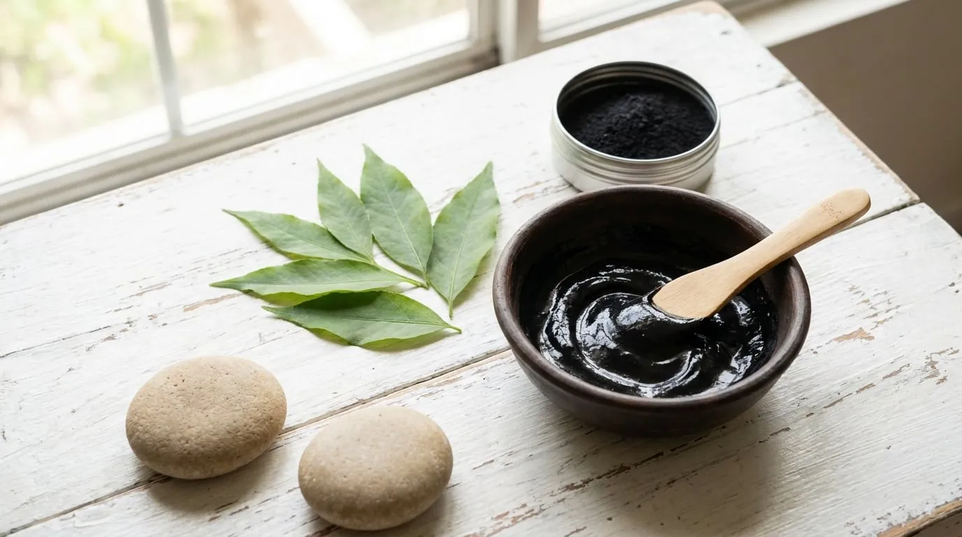 A DIY activated charcoal face mask in a dark ceramic bowl with a wooden cosmetic spatula, fresh green leaves arranged beside it and two smooth river pebbles in the corner, on a white-painted wood table with soft natural window light.