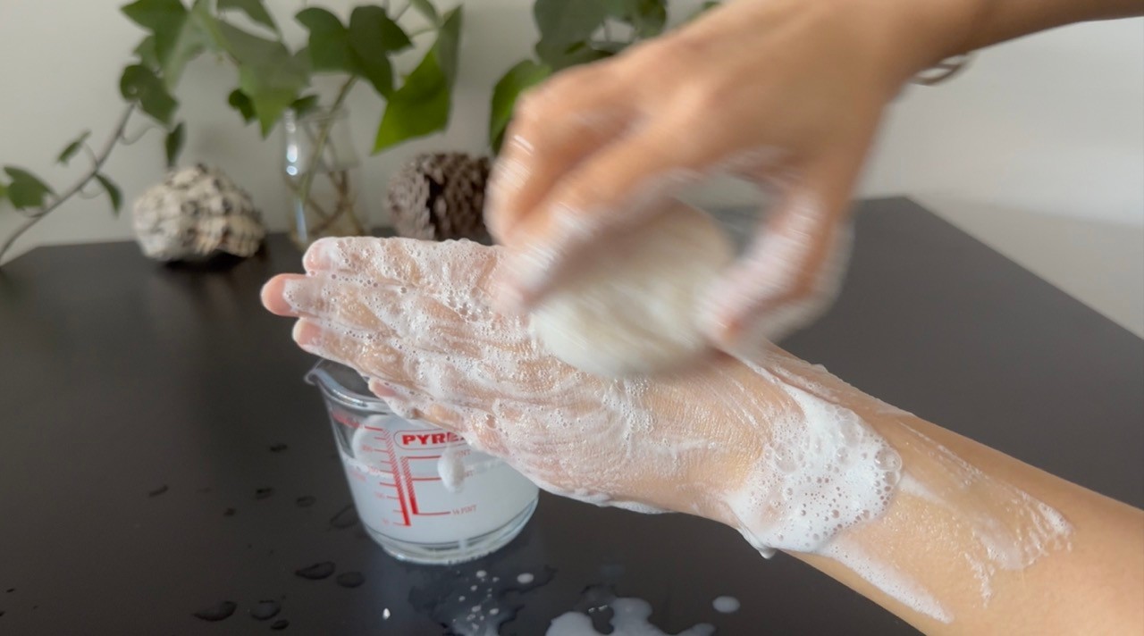 Three crescent-moon-shape solid cleanser scrub bars